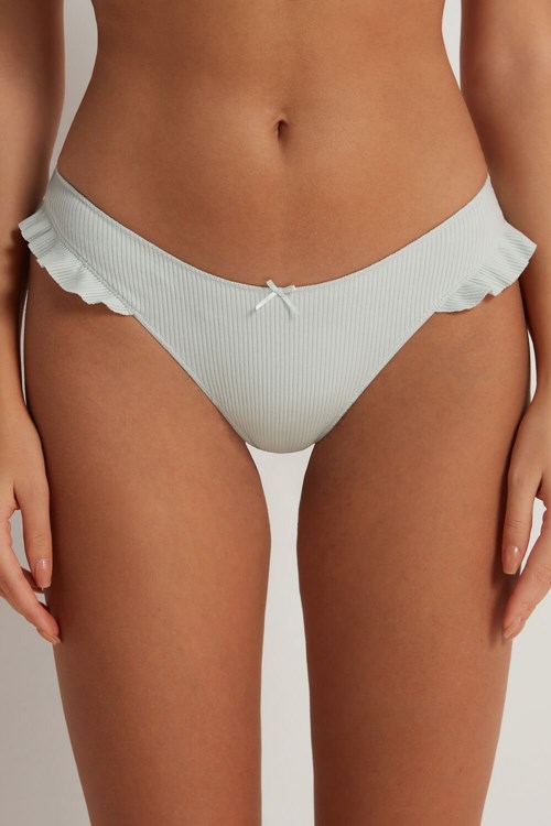 Tezenis High-Cut Räfflad Bomull Brazilian Panties with Ruffles Vita Gröna | IVQNJ-3729