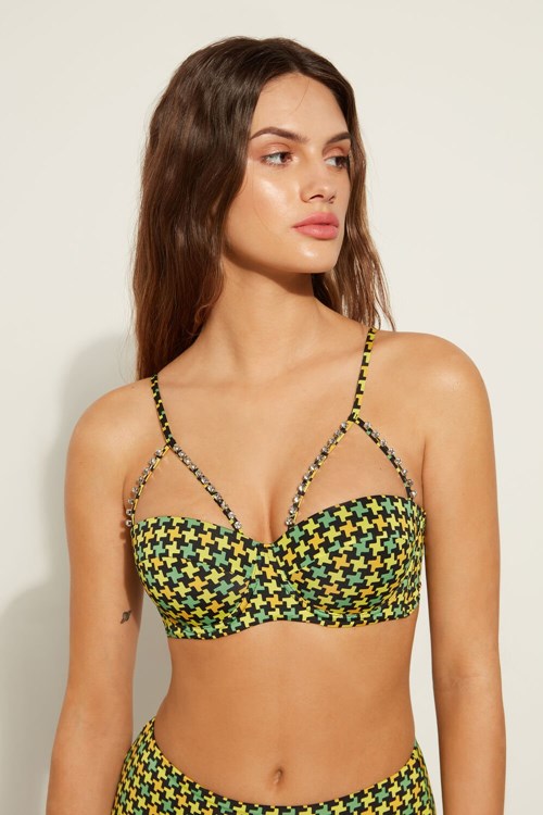 Tezenis Houndstooth Vadderad Bandeau Bikini Top Svarta | UVMGC-9806
