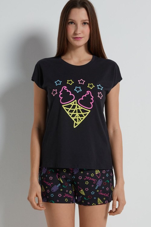 Tezenis Ice Cream Print Korta Bomull Pajamas Svarta Svarta Grädde | OPAIY-1243