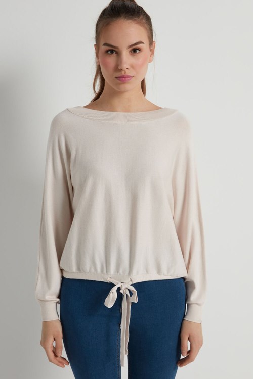 Tezenis Korta Sleeve Batwing Top with Drawstring Ivory Soft Natural 315v | EMAUR-7528