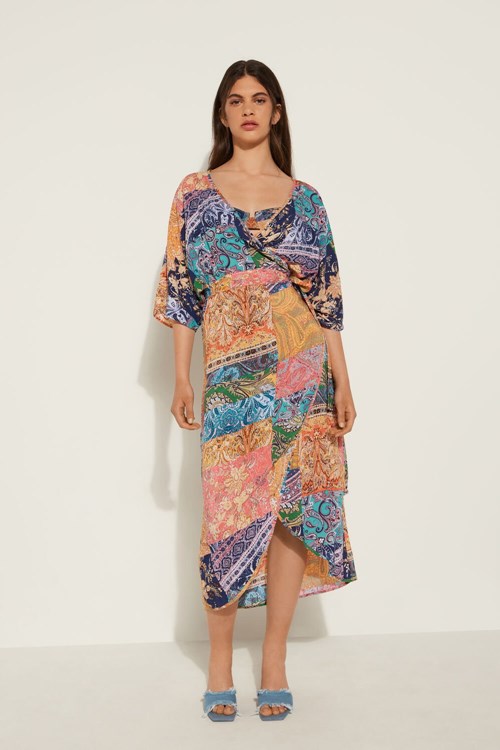 Tezenis Korta-Sleeved Viscose Fabric Midi Klänning with Criss-Cross Olika Färger | MEOUA-2085