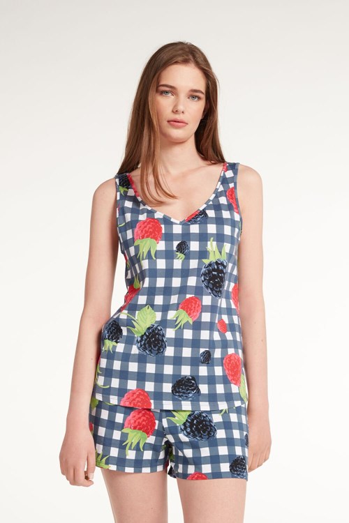 Tezenis Korta Ärmlös Bomull Pajamas with Raspberry Print Blå | XFRMD-0789