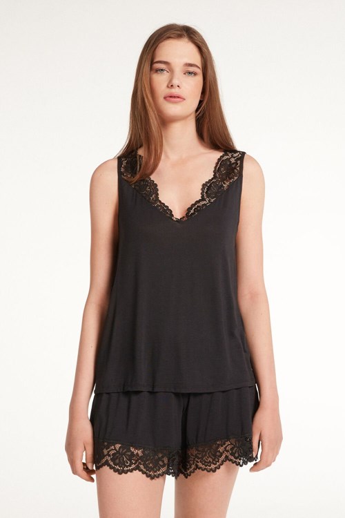 Tezenis Korta Ärmlös Pajamas in Viscose and Spets Svarta Svarta | JTIGE-2673