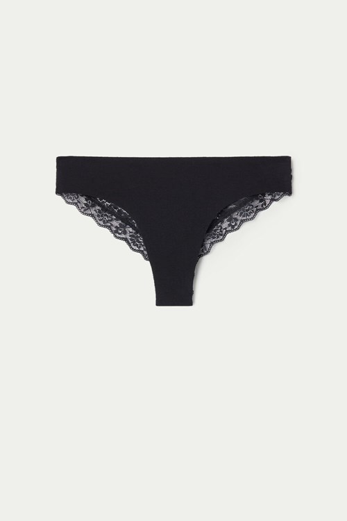 Tezenis Laser-Cut Bomull Recycled Spets Brazilian Panties Svarta Svarta | OIKHR-8463
