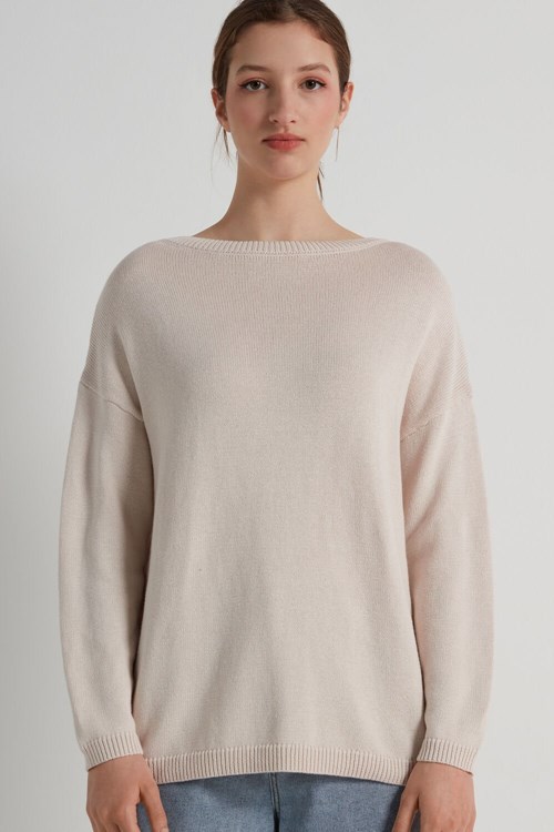 Tezenis Long Båt-Neck Tröja in Fully-Fashioned Bomull Ivory Soft Natural 315v | BTNAF-3124