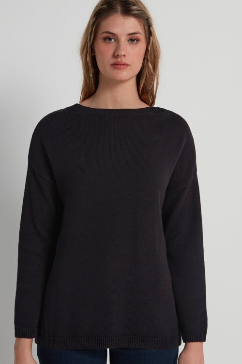 Tezenis Long Båt-Neck Tröja in Fully-Fashioned Bomull Svarta Svarta | RHLVQ-8451