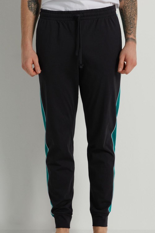Tezenis Long Pant Bomull Pajamas with Piping Svarta Gröna | STAXW-2670