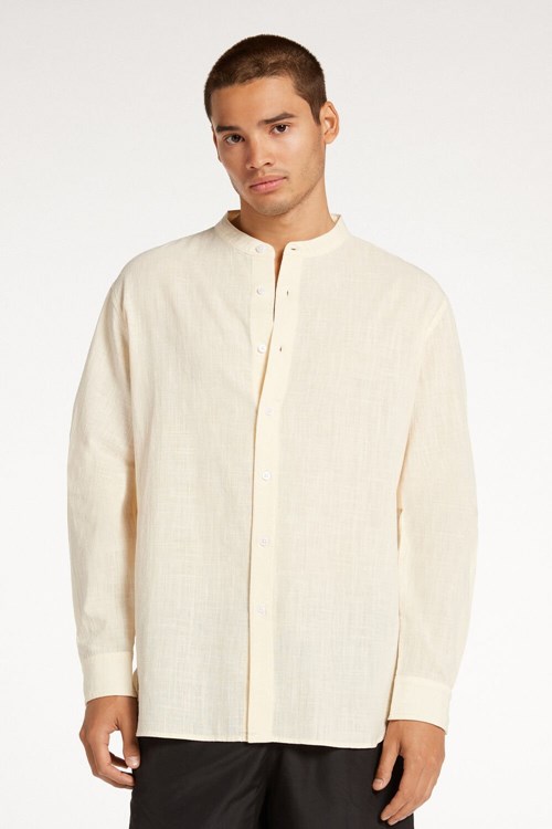 Tezenis Long Sleeve Band Collar Men’s Shirt in Bomull Cloth Ivory Ecru 532v | CZDTG-3521