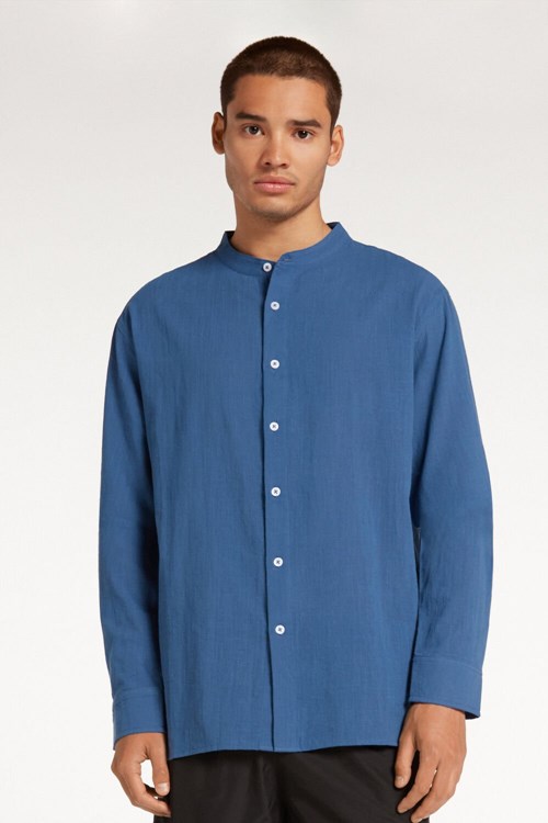Tezenis Long Sleeve Band Collar Men’s Shirt in Bomull Cloth Blå Blå | YLIOS-3528