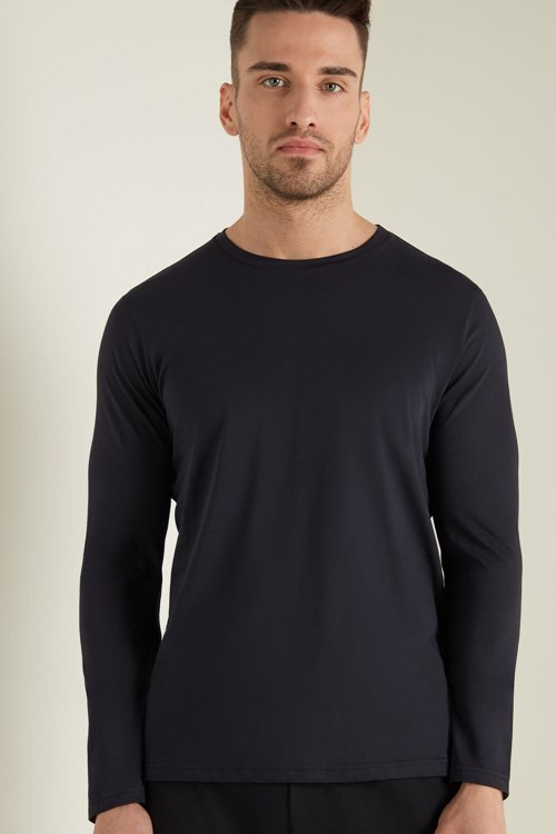 Tezenis Long Sleeve Bomull Crew Neck Top Blå Mörkblå | MUTLP-2407