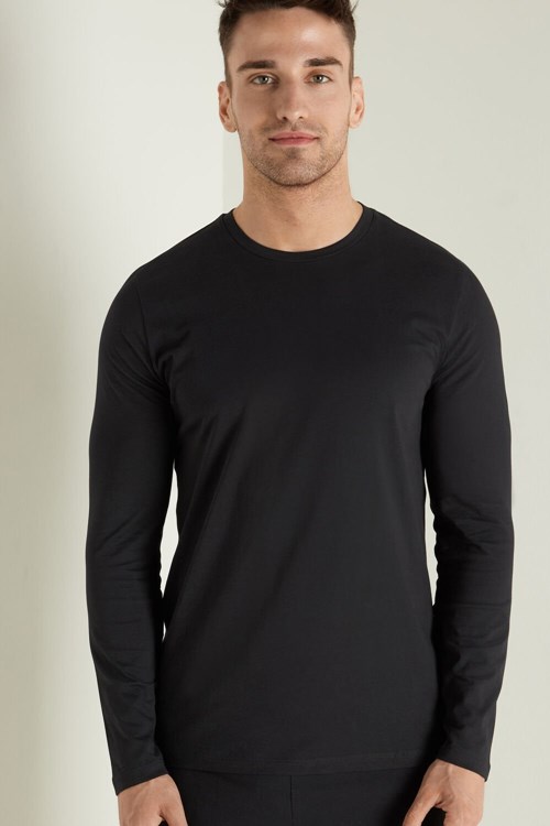 Tezenis Long Sleeve Bomull Crew Neck Top Svarta Svarta | XHENM-9102