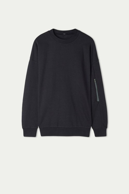Tezenis Long Sleeve Crewneck Sweatshirt with Dragkedja Detail Svarta Svarta | WLNSY-8417