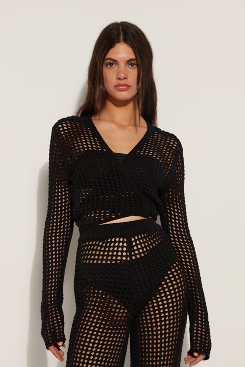 Tezenis Long Sleeve Crop Cardigan/Top in Mesh Crochet Svarta Svarta | RYMXS-4759