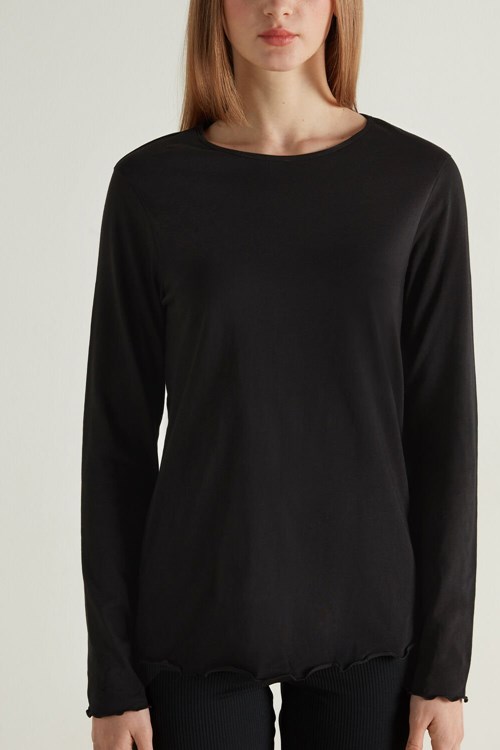 Tezenis Long Sleeve Lettuce Leaf Stitch Bomull Top Svarta Svarta | IENMJ-3672
