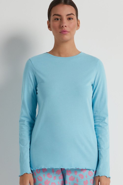 Tezenis Long Sleeve Lettuce Leaf Stitch Bomull Top Blå Blå | QHZXL-0725