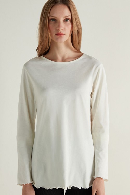Tezenis Long Sleeve Lettuce Leaf Stitch Bomull Top Vita Vita | YEKCM-8346