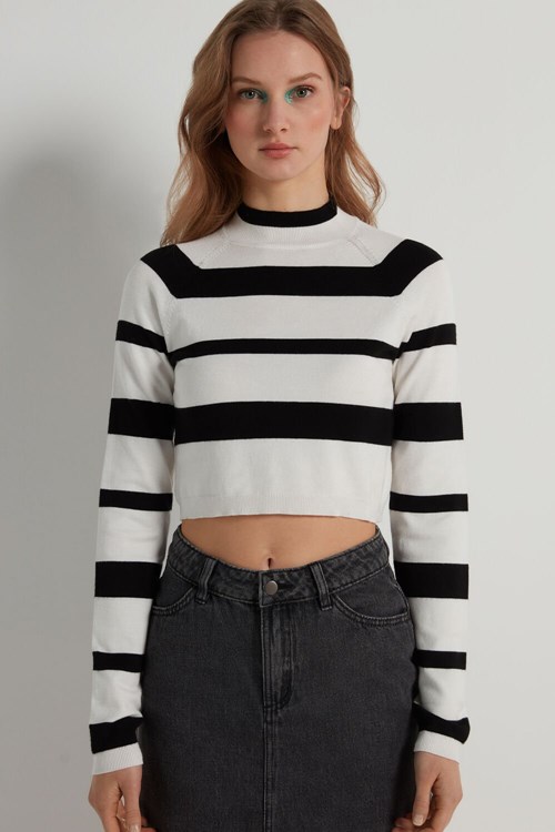 Tezenis Long-Sleeve Mock Turtleneck Crop Top Svarta Vita | IURWE-4156