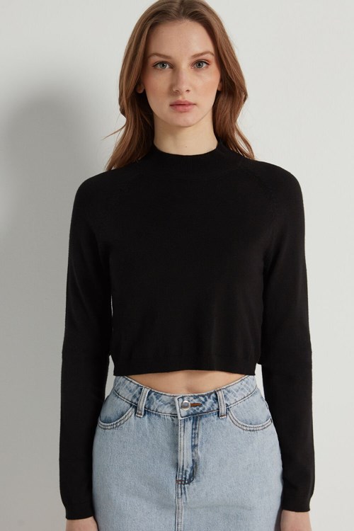 Tezenis Long-Sleeve Mock Turtleneck Crop Top Svarta Svarta | PHVYG-9658
