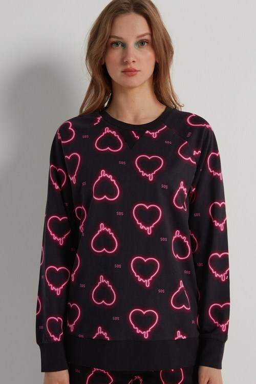 Tezenis Long-Sleeve Printed Bomull Sweatshirt Svarta Svarta | YXAMC-6079
