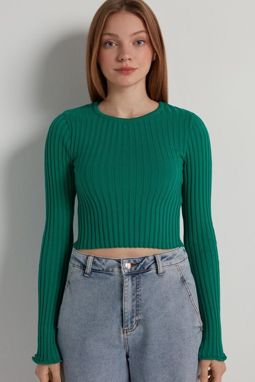 Tezenis Long-Sleeve Räfflad Crop Top Gröna Gröna | ITFGZ-3946