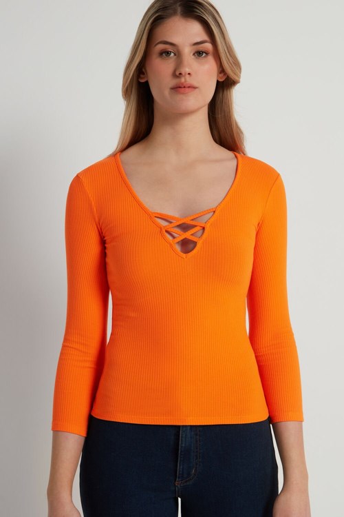 Tezenis Long-Sleeve Räfflad V-Neck Tröja with Criss-Cross Detail Orange | UXDQF-6734