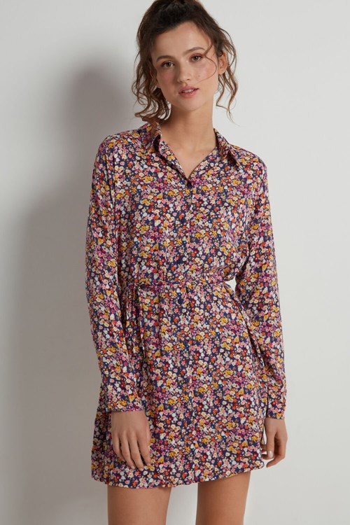 Tezenis Long Sleeve Viscose Cloth Shirtdress Blå Blommiga | UHDGA-7523