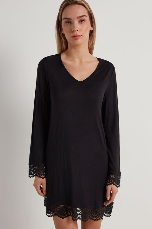 Tezenis Long-Sleeve Viscose and Spets Nightgown Svarta Svarta | AFRKI-3795