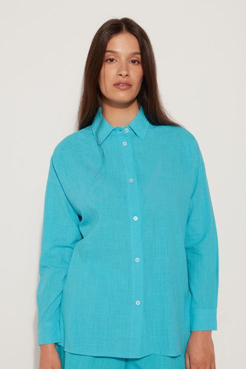Tezenis Long-Sleeved Bomull Canvas Shirt Blå Turkos | XQKUE-0936