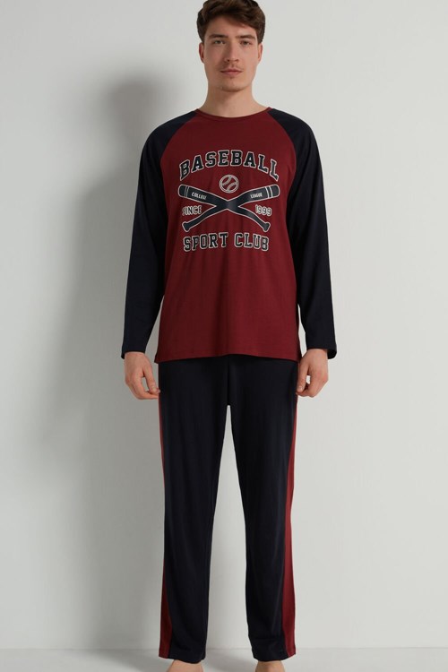 Tezenis Men’s Full-Length Bomull Baseball Print Pajamas Blå Mörkröda | MGVFU-0639