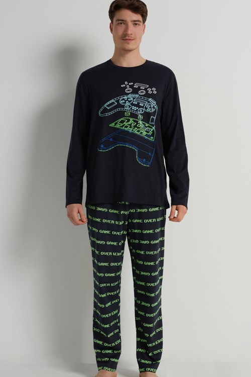 Tezenis Men’s Full-Length Bomull Game Over Print Pajamas Blå Mörkblå | AOBQD-4036
