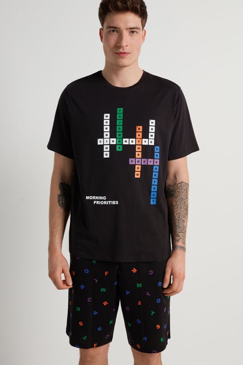 Tezenis Men’s Letter Print Korta Bomull Pajamas Svarta Svarta | XUVTN-4780