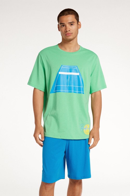 Tezenis Men’s Paddle Print Korta Bomull Pajamas Blå Gröna | YPVGH-4156