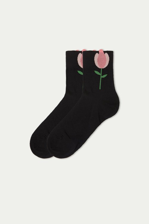 Tezenis Patterned Bomull Crew Socks Svarta Svarta | IRCQN-3904
