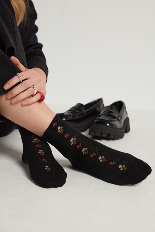 Tezenis Patterned Bomull Crew Socks Svarta Svarta Blommiga | ZBXFW-9567