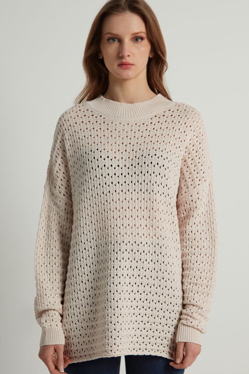 Tezenis Perforated Fully-Fashioned Long Bomull Top Ivory Soft Natural 315v | QDMKW-8470