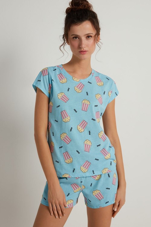 Tezenis Popcorn Print Bomull Korta Pajamas Blå Blå | YZUKT-6925