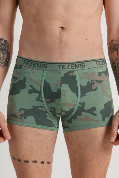 Tezenis Printed Bomull Logo Boxers with Contrasting Trim Gröna Gröna Camo | ELSPN-1387
