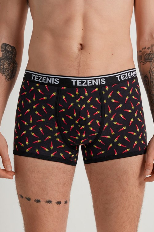 Tezenis Printed Bomull Logo Boxers with Contrasting Trim Svarta Svarta | ISCJO-0239