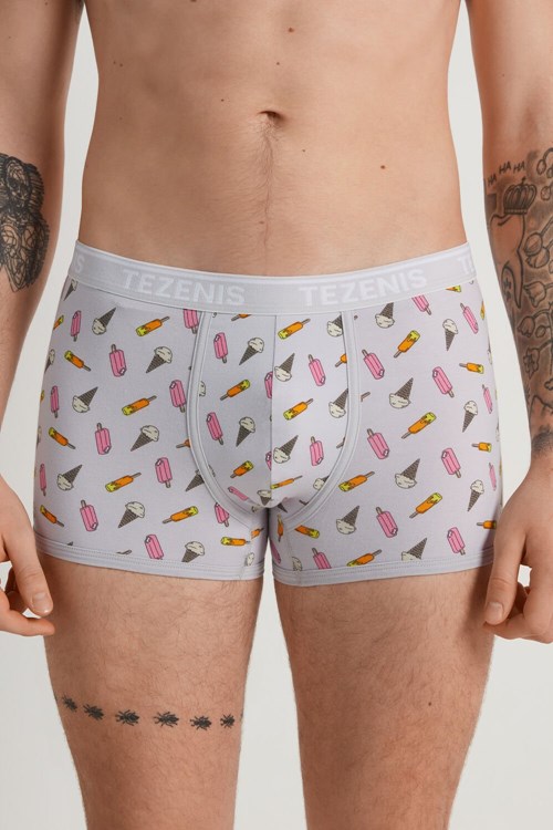 Tezenis Printed Bomull Logo Boxers with Contrasting Trim Grå Grädde | USFMB-8627