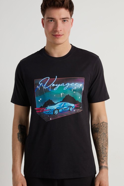 Tezenis Printed Bomull T-Shirt Svarta Svarta | YBAWJ-8604