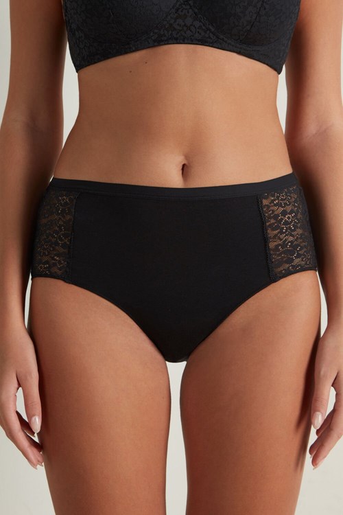 Tezenis Recycled Bomull and Spets High-Leg Panties Svarta Svarta | EUONI-9365