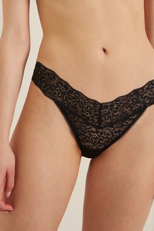 Tezenis Recycled Spets High-Cut String Svarta Svarta | QRXAG-5423