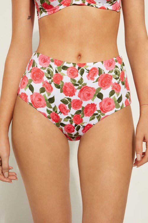 Tezenis Romantic Roses High-Waisted Bikini Bottoms Rosa | RXQAM-9476