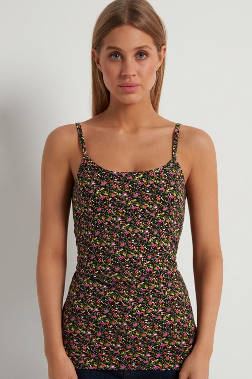 Tezenis Round Neck Tank Top in Stretch Bomull Svarta | CYREM-7619