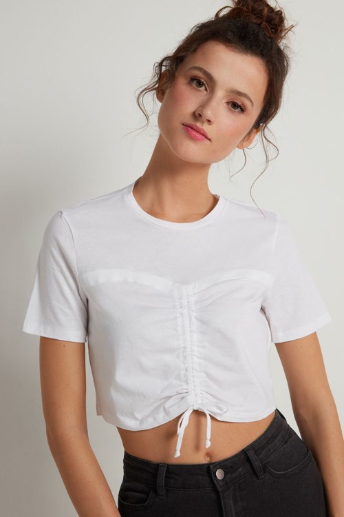 Tezenis Ruched Bomull T-shirt Vita Vita | JNXUI-8456