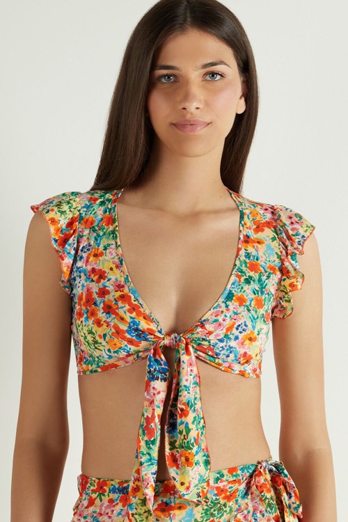 Tezenis Ruffled Crop Top with Knot Floral Rainbow Flowers Print 847u | NKZTA-3245