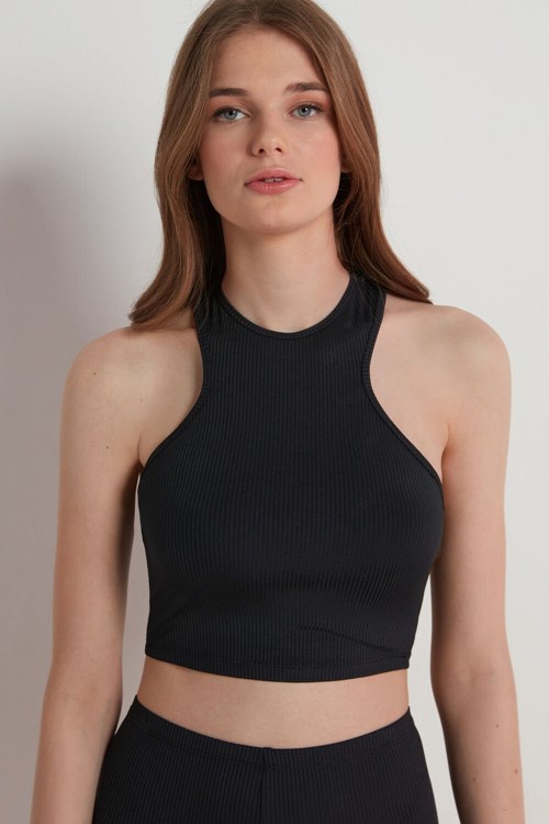 Tezenis Räfflad Bomull Cropped Racerback Tank Top Svarta Svarta | GSPBA-3425