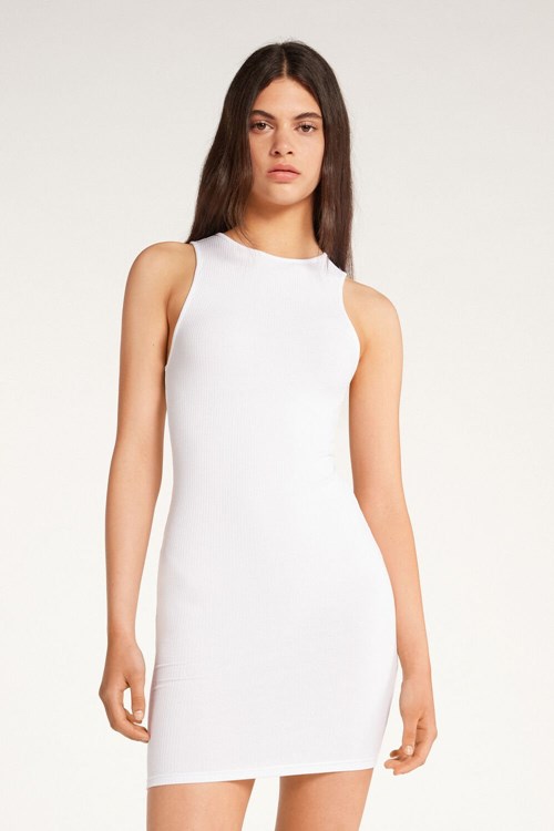 Tezenis Räfflad Bomull Fitted Mini Klänning Vita Vita | AHPNY-8257