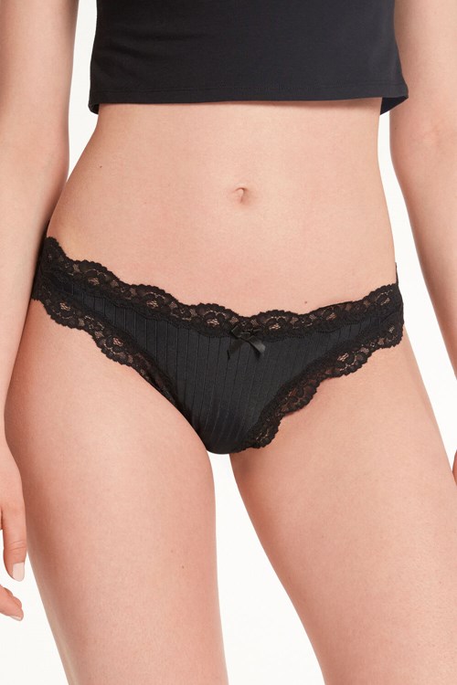 Tezenis Räfflad Brazilian Panties with Spets Trim Svarta Svarta | FVYXQ-5492