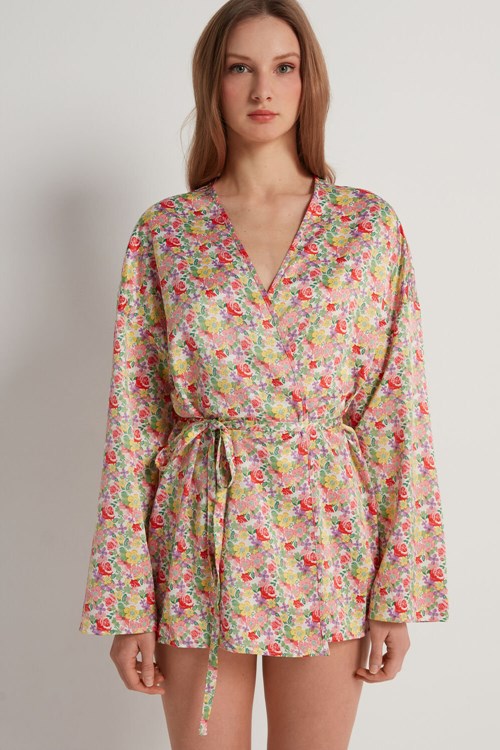 Tezenis Satin Kimono Robe Floral Wildflower Print 294v | KJWVL-8963